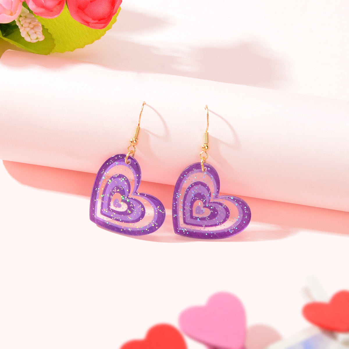 Candy Colour Pink Purple Acrylic Heart Pendant Earrings