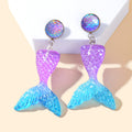 Sparkling Purple Blue Resin Mermaid Fish Tail Pendant Earrings