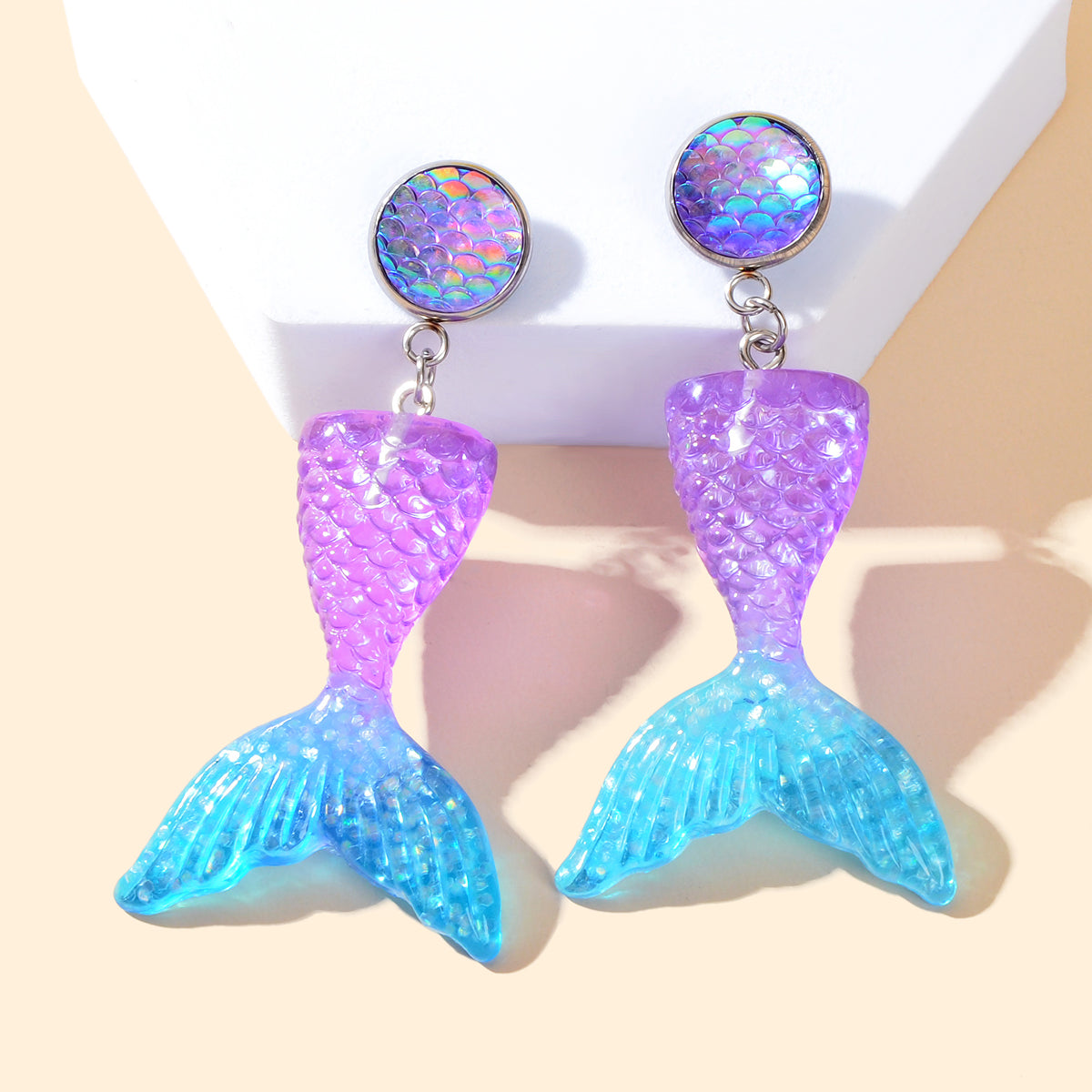 Sparkling Purple Blue Resin Mermaid Fish Tail Pendant Earrings
