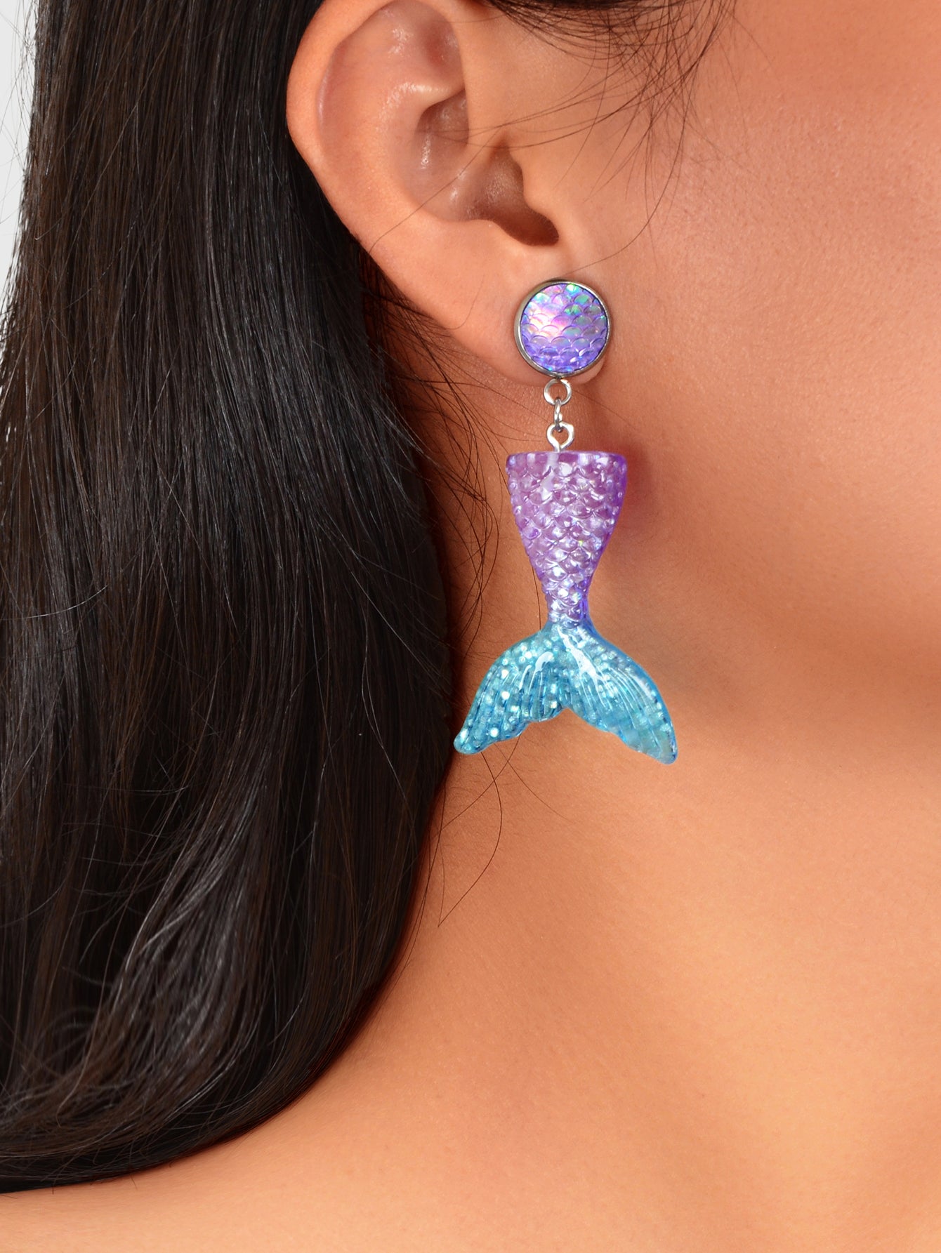Sparkling Purple Blue Resin Mermaid Fish Tail Pendant Earrings