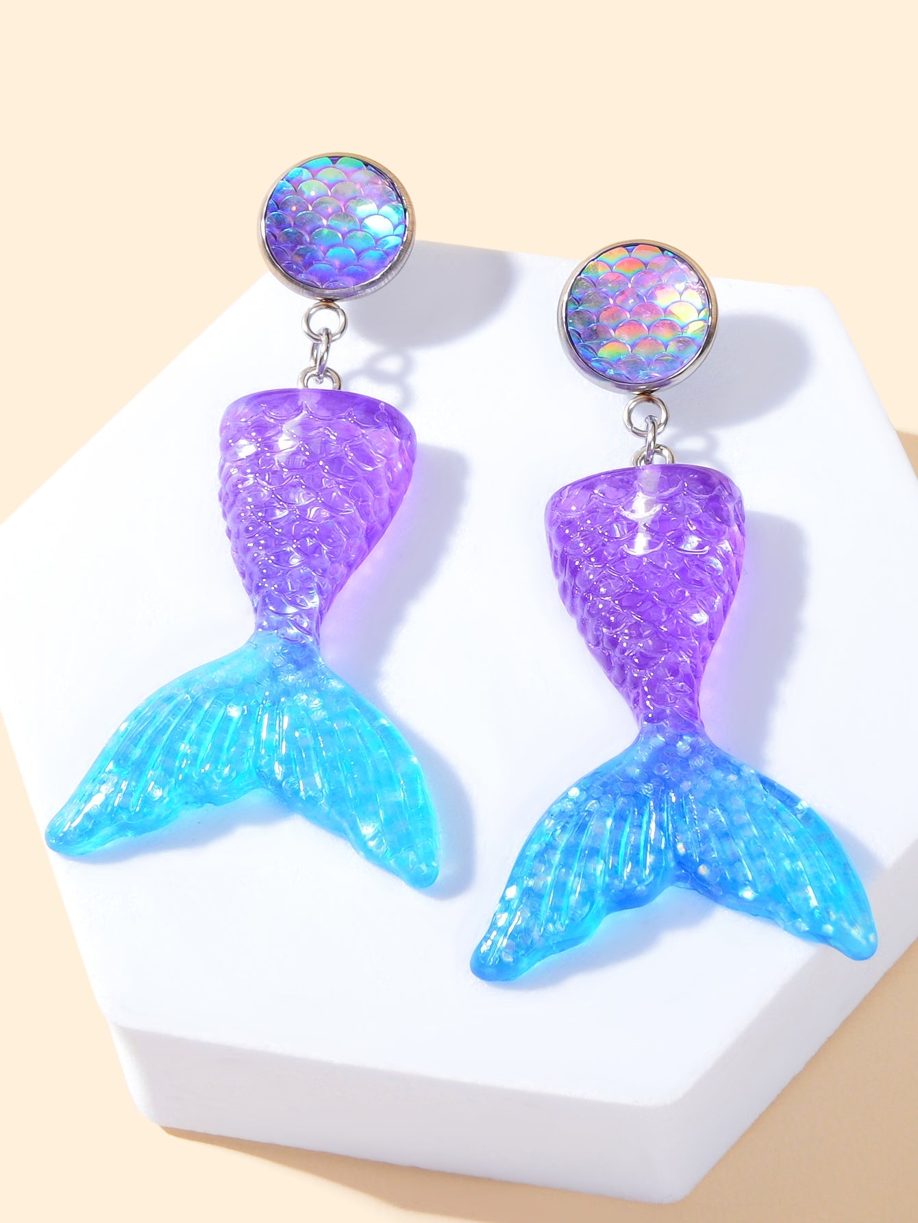 Sparkling Purple Blue Resin Mermaid Fish Tail Pendant Earrings