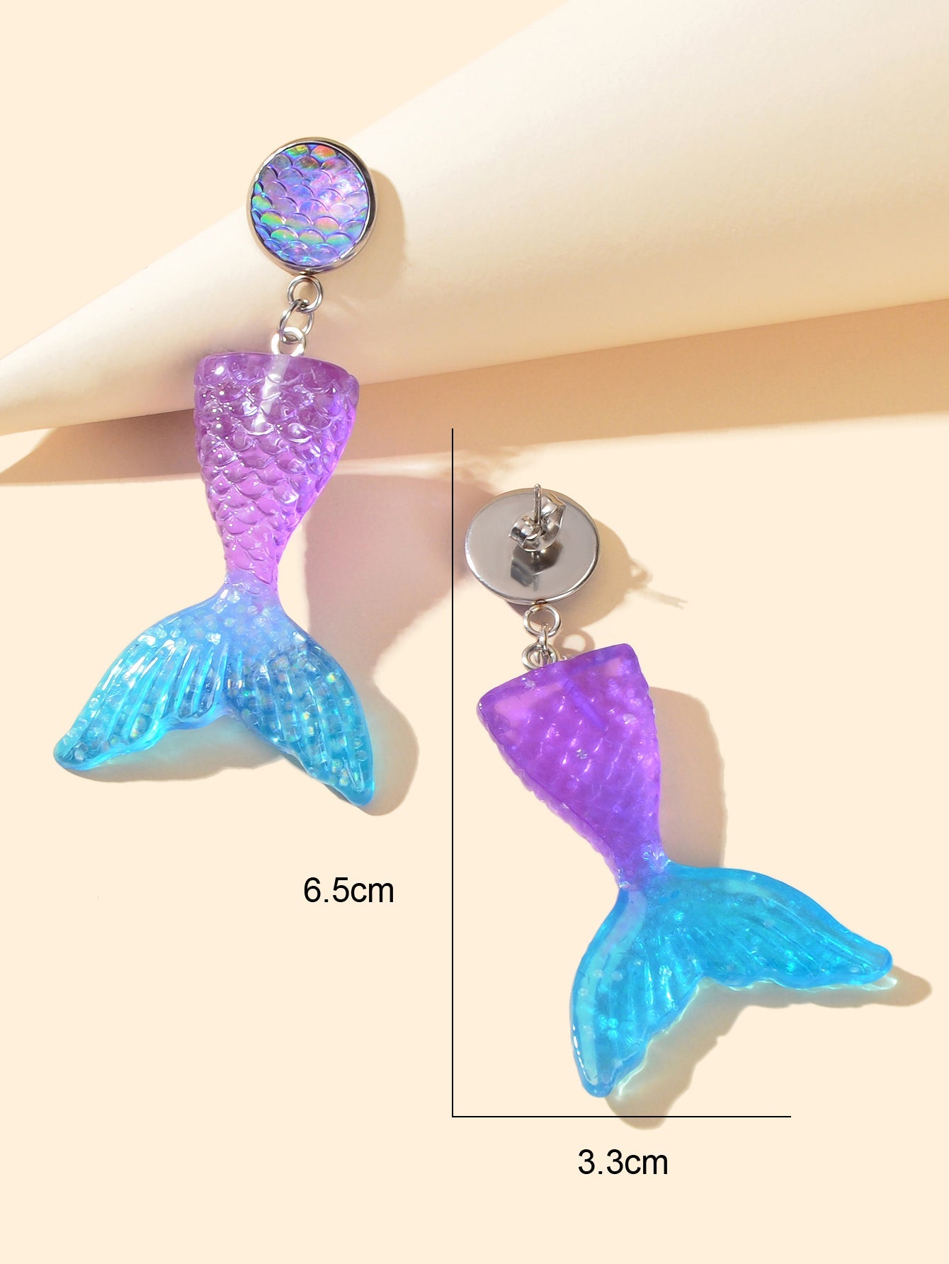 Sparkling Purple Blue Resin Mermaid Fish Tail Pendant Earrings
