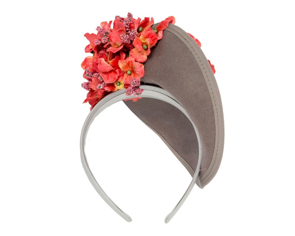Grey and coral winter racing fascinator by Fillies Collection