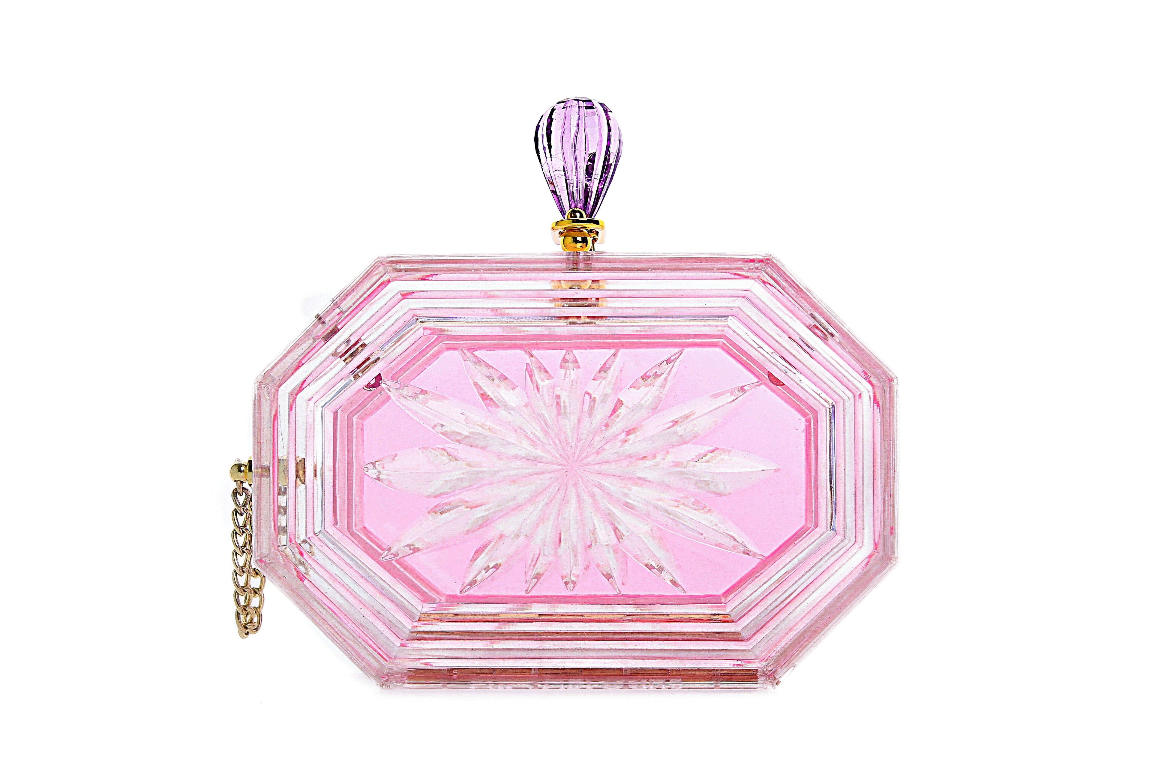 Perfume Bottle Clear Flower Cut Acrylic Box Clutch-Pink