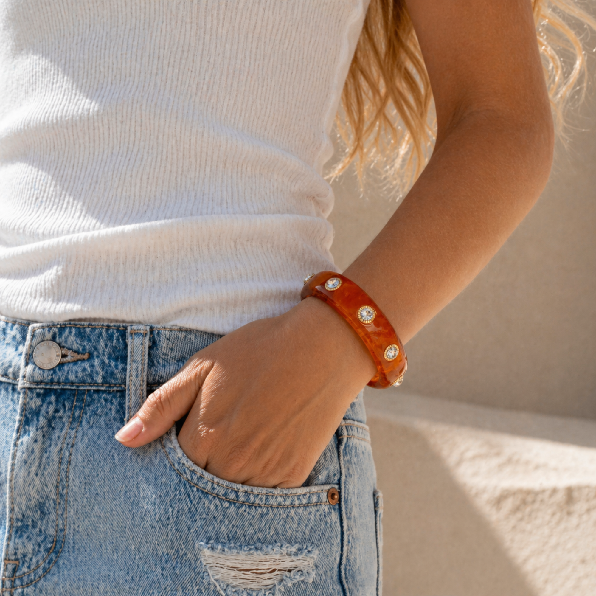Tortoise Resin Crystal Stud Bangle Bracelet