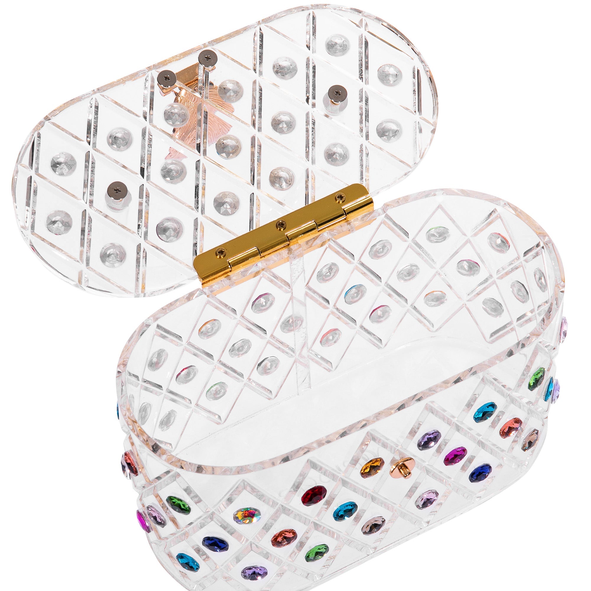 1950 Vintage Style “The Queen" Rainbow Colorful Crystal Acrylic Lucite Box Clutch Bag